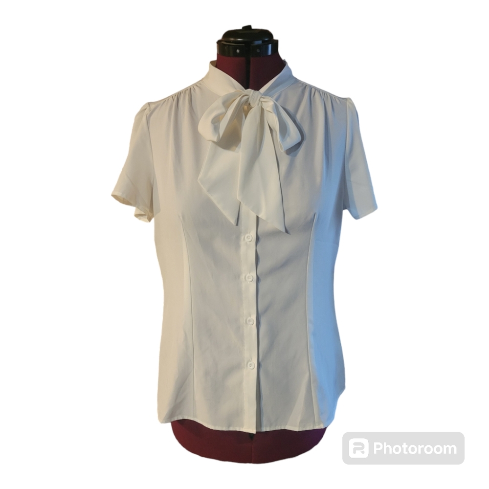 Belle Poque short sleeve neck bow retro vintage style off white large blouse